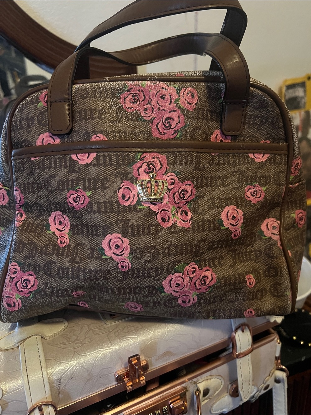 Juicy Couture Brown Satchel with Pink Rose Print